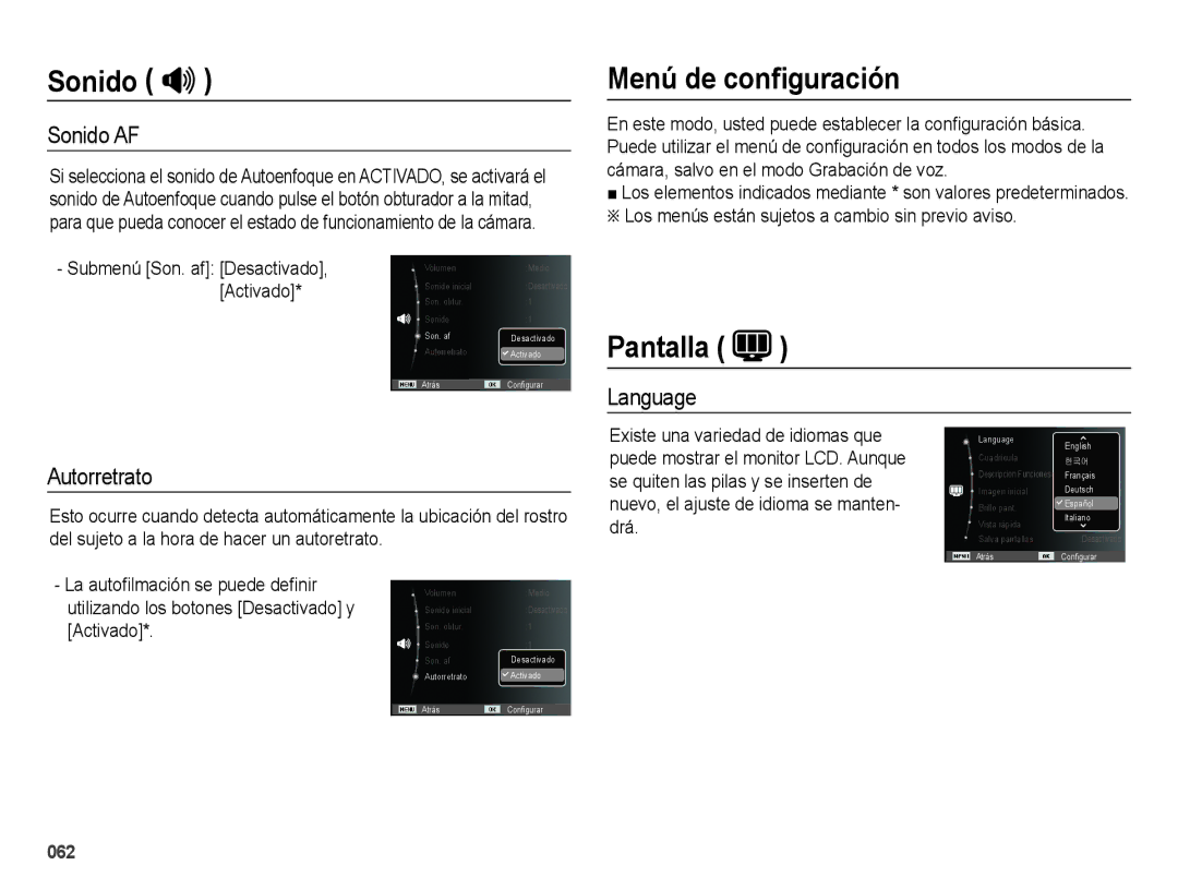 Samsung EC-WB5000APB, EC-WB5000BPBE1 manual Sonido , Menú de conﬁguración, Pantalla, Sonido AF, Language Autorretrato 