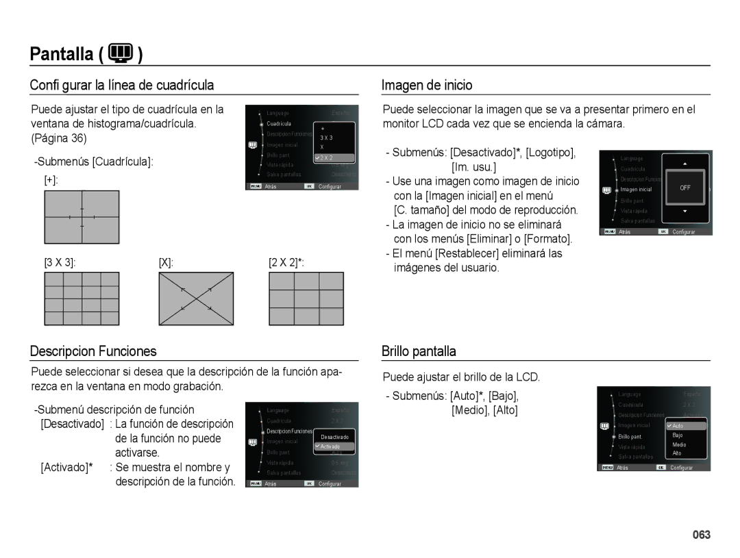Samsung EC-WB5000BPBE1 manual Conﬁ gurar la línea de cuadrícula Imagen de inicio, Descripcion Funciones, Brillo pantalla 