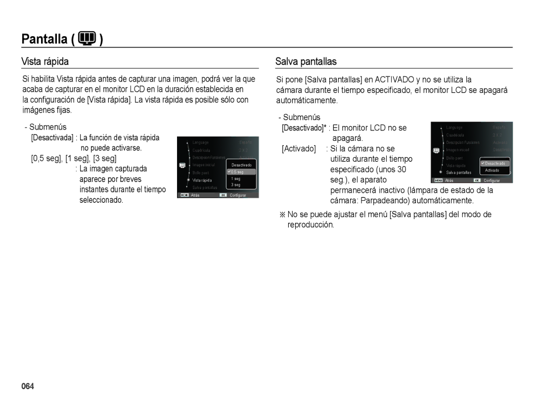 Samsung EC-WB5000APB, EC-WB5000BPBE1 manual Vista rápida, Salva pantallas, Desactivado* El monitor LCD no se apagará 