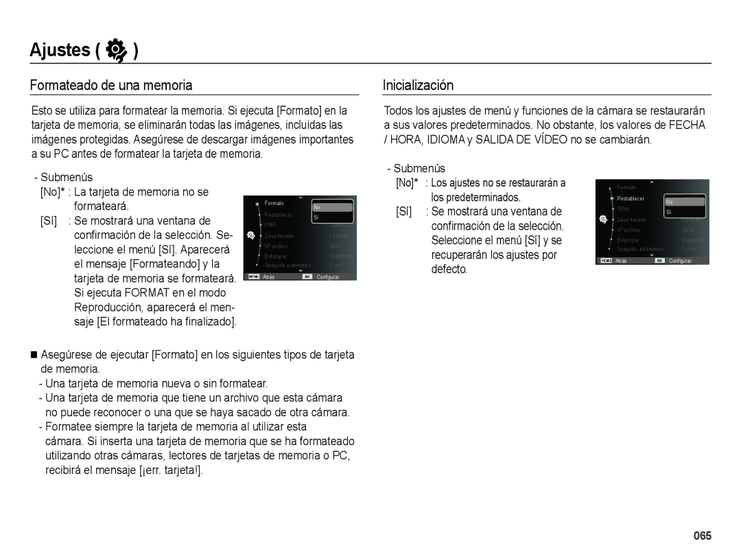 Samsung EC-WB5000BPBE1, EC-WB5000APB manual Ajustes, Formateado de una memoria, Inicialización 