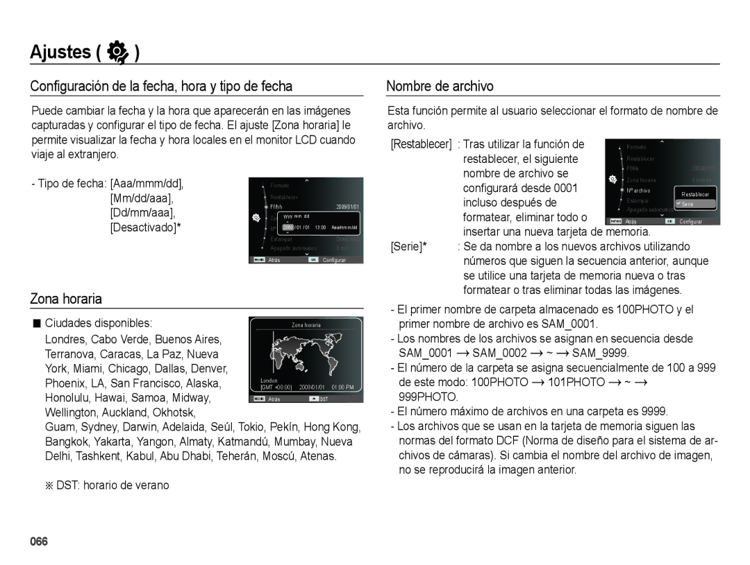 Samsung EC-WB5000APB, EC-WB5000BPBE1 manual Conﬁguración de la fecha, hora y tipo de fecha, Zona horaria, Nombre de archivo 