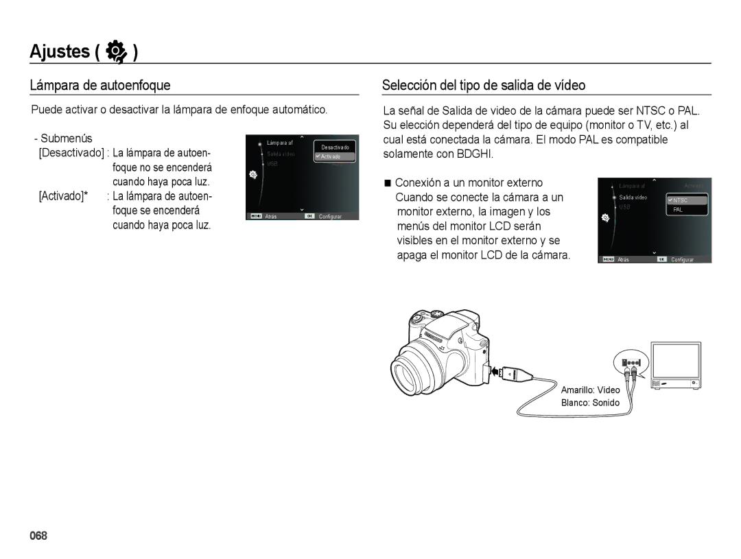 Samsung EC-WB5000APB, EC-WB5000BPBE1 manual Lámpara de autoenfoque, Selección del tipo de salida de vídeo 