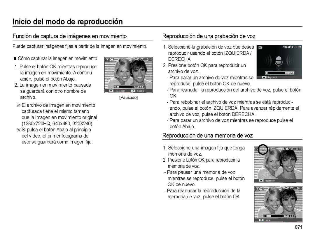 Samsung EC-WB5000BPBE1, EC-WB5000APB Función de captura de imágenes en movimiento, Reproducción de una grabación de voz 