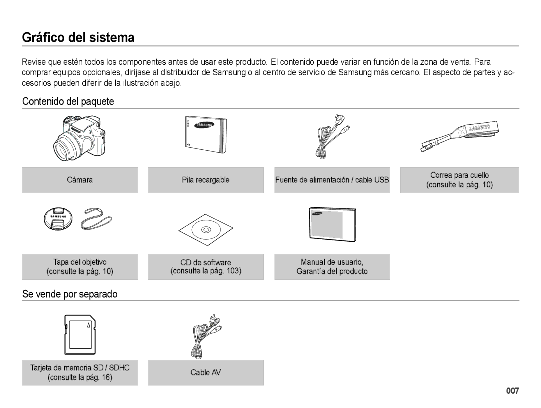 Samsung EC-WB5000BPBE1, EC-WB5000APB manual Gráﬁco del sistema, Contenido del paquete, Se vende por separado 