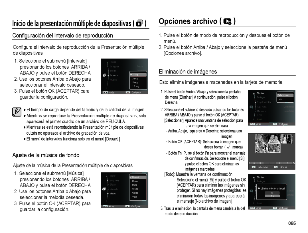 Samsung EC-WB5000BPBE1, EC-WB5000APB Opciones archivo, Conﬁguración del intervalo de reproducción, Eliminación de imágenes 