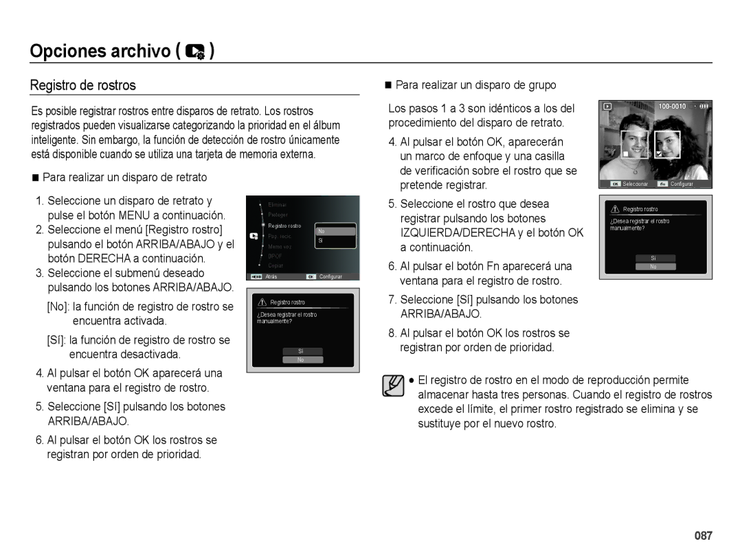 Samsung EC-WB5000BPBE1, EC-WB5000APB manual Registro de rostros 