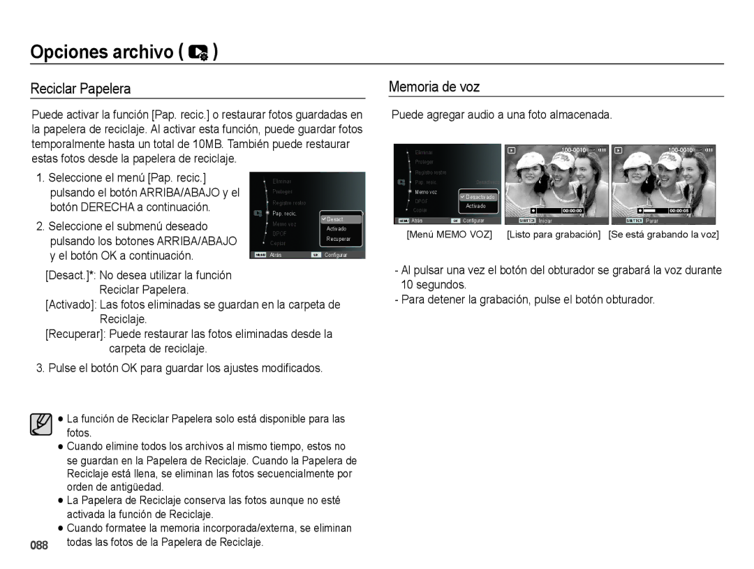 Samsung EC-WB5000APB, EC-WB5000BPBE1 manual Reciclar Papelera, Memoria de voz, Puede agregar audio a una foto almacenada 