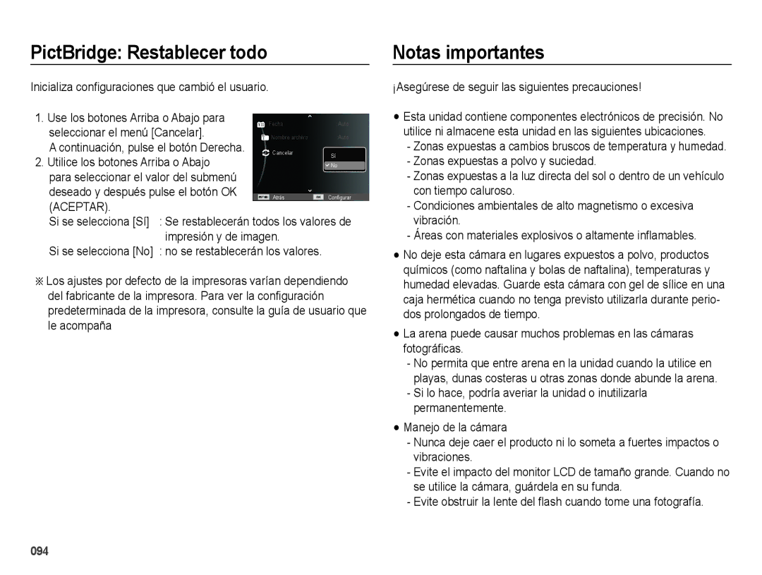 Samsung EC-WB5000APB PictBridge Restablecer todo, Notas importantes, Inicializa configuraciones que cambió el usuario 