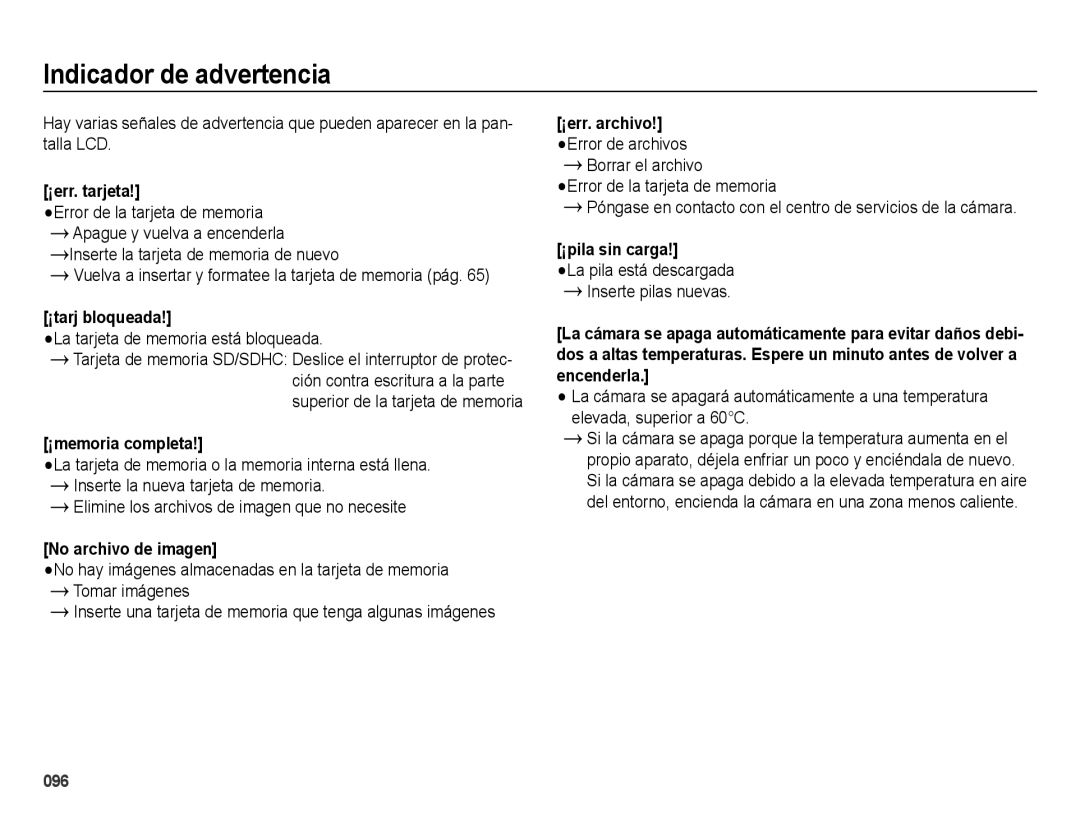 Samsung EC-WB5000APB, EC-WB5000BPBE1 manual Indicador de advertencia, La tarjeta de memoria está bloqueada 