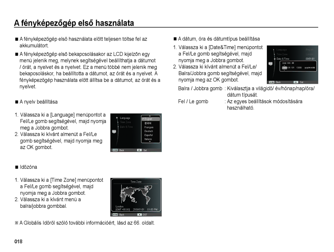 Samsung EC-WB5000BPBE2 manual Fényképezőgép első használata, Fel / Le gomb Az egyes beállítások módosítására Használható 