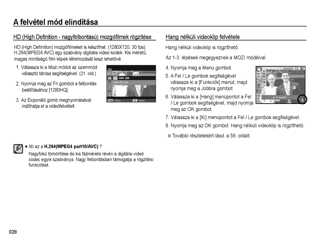 Samsung EC-WB5000BPBIT, EC-WB5000BPBE1 manual Hang nélküli videoklip felvétele, További részletekért lásd. a 59. oldalt 