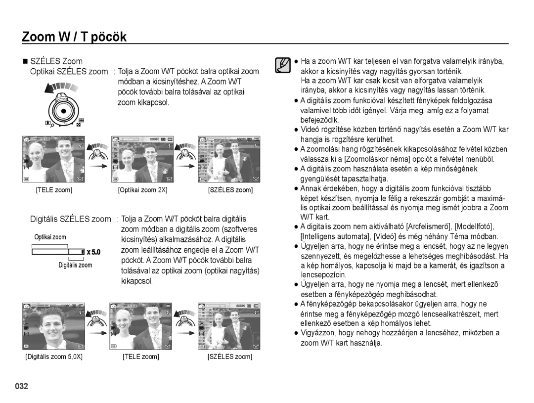 Samsung EC-WB5000BPBIT Széles Zoom, Pöcök további balra tolásával az optikai zoom kikapcsol, Digitális Széles zoom, Kart 