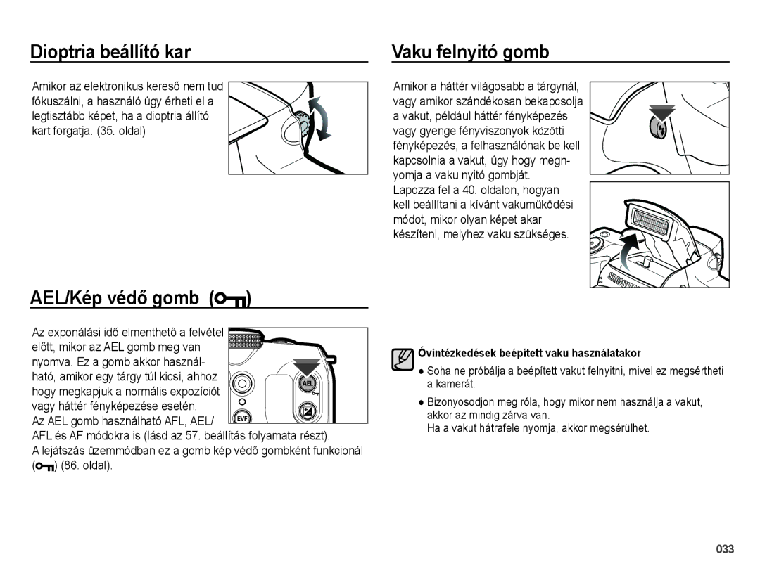 Samsung EC-WB5000BPBE3, EC-WB5000BPBE1, EC-WB5000BPBIT manual Dioptria beállító kar, AEL/Kép védő gomb, Vaku felnyitó gomb 