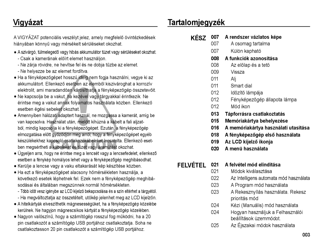 Samsung EC-WB5000BPBE1, EC-WB5000BPBIT Vigyázat, Tartalomjegyzék, Csomag tartalma Külön kapható, 021 Módok kiválasztása 