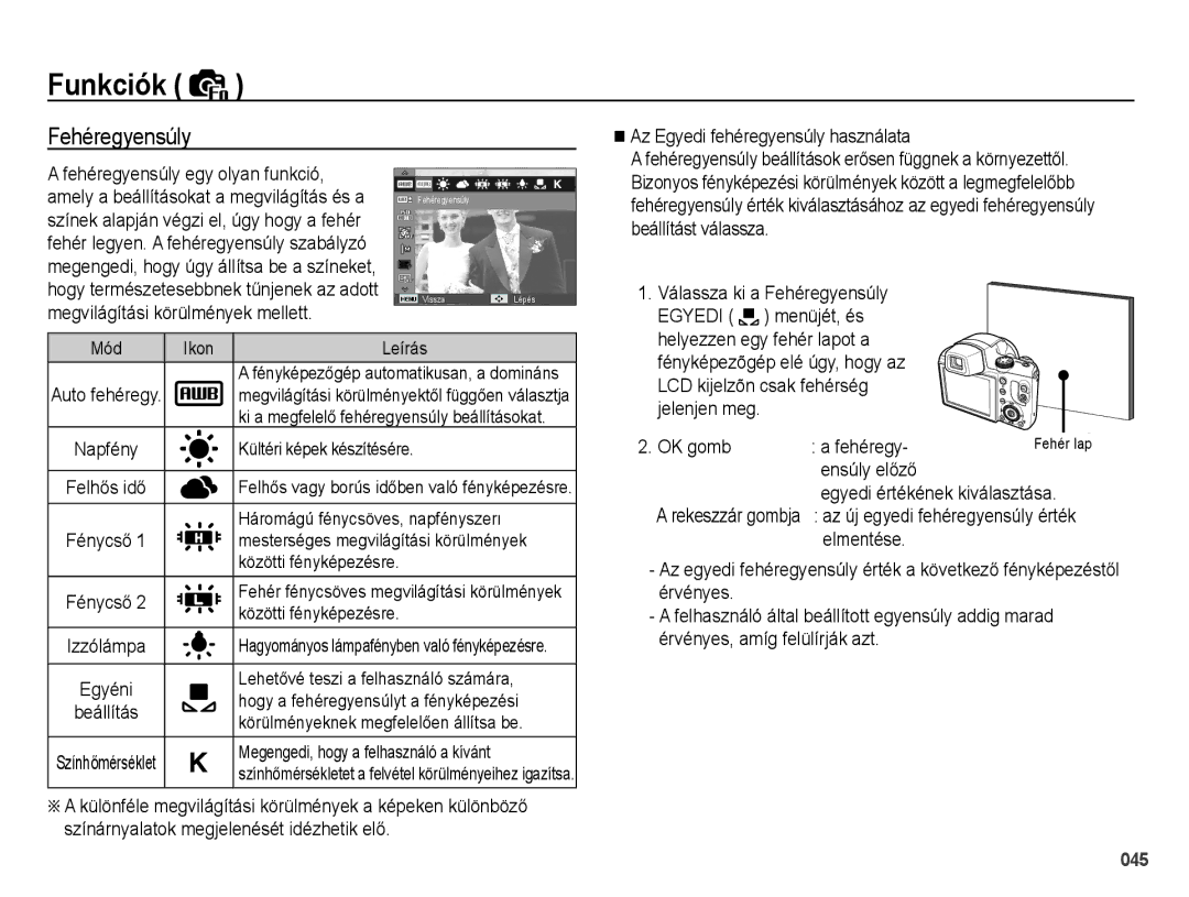 Samsung EC-WB5000BPBE3 Fehéregyensúly, Az Egyedi fehéregyensúly használata, Ensúly elĘzĘ Egyedi értékének kiválasztása 