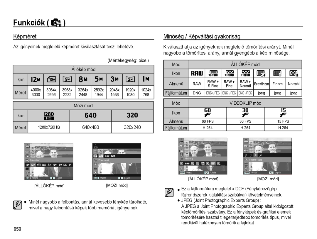 Samsung EC-WB5000BPBE2, EC-WB5000BPBE1, EC-WB5000BPBIT Képméret, MinĘség / Képváltási gyakoriság, 640x480, Mód Állókép mód 