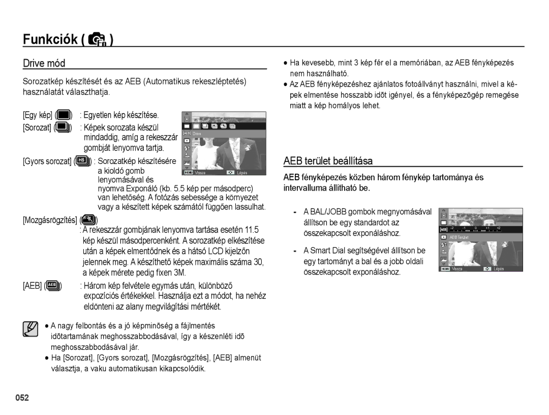 Samsung EC-WB5000BPBIT, EC-WB5000BPBE1, EC-WB5000BPBE3, EC-WB5000BPBE2 manual Drive mód, AEB terület beállítása 