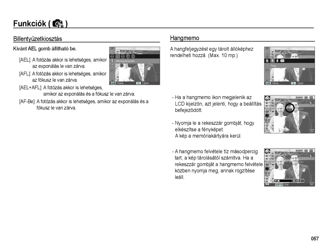 Samsung EC-WB5000BPBE3, EC-WB5000BPBE1, EC-WB5000BPBIT, EC-WB5000BPBE2 manual BillentyĦzetkiosztás, Hangmemo 