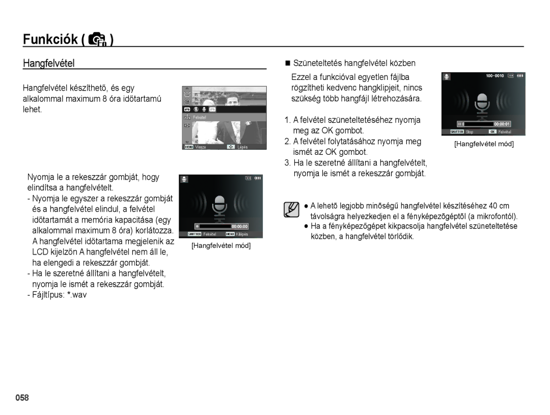 Samsung EC-WB5000BPBE2 manual Hangfelvétel, Szüneteltetés hangfelvétel közben, Meg az OK gombot, Ismét az OK gombot 