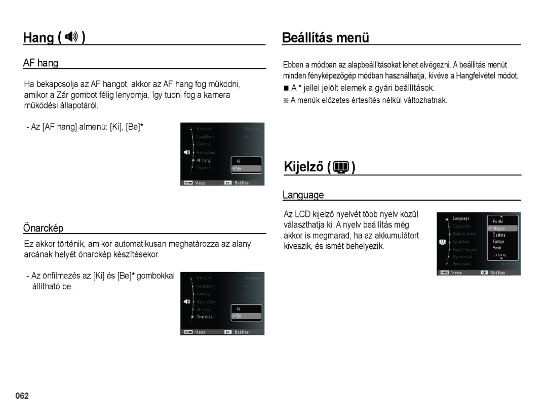 Samsung EC-WB5000BPBE2, EC-WB5000BPBE1, EC-WB5000BPBIT manual Hang , Beállítás menü, Kijelző, AF hang, Language Önarckép 