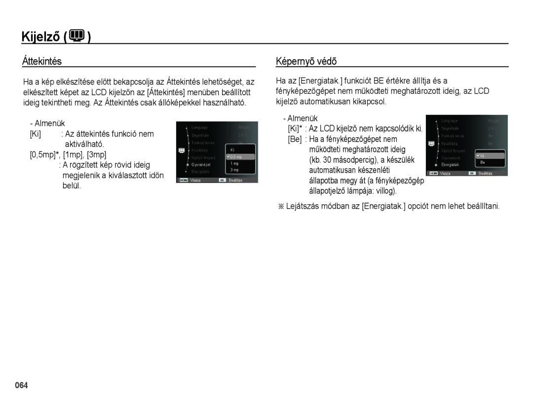 Samsung EC-WB5000BPBIT manual Áttekintés, Képernyõ védõ, Lejátszás módban az Energiatak. opciót nem lehet beállítani 