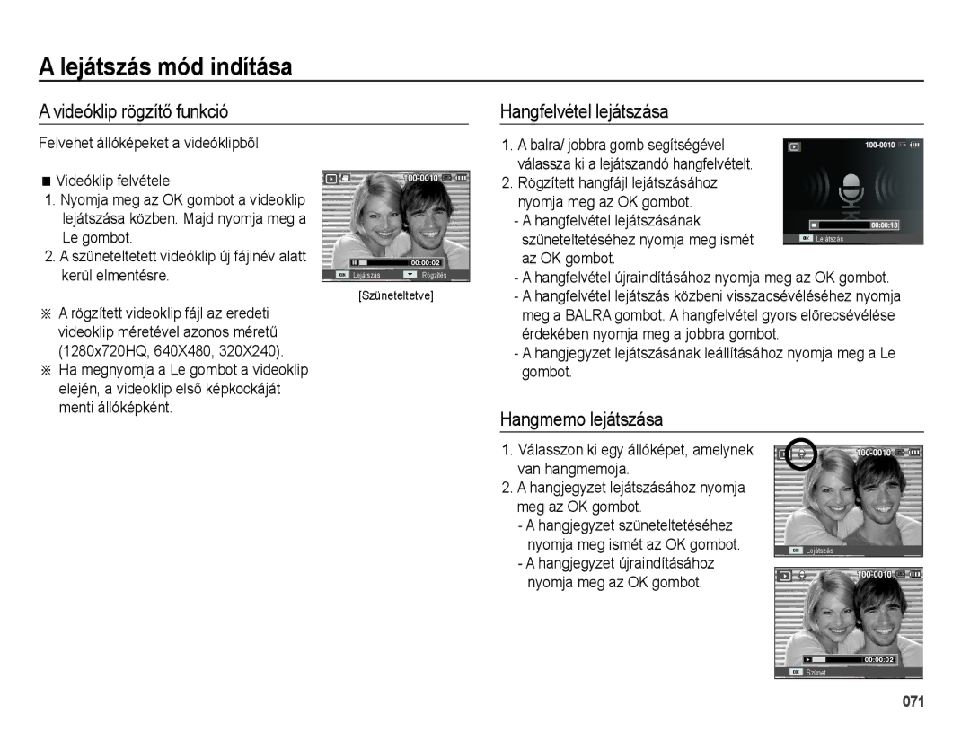 Samsung EC-WB5000BPBE1, EC-WB5000BPBIT manual Videóklip rögzítĘ funkció, Hangfelvétel lejátszása, Hangmemo lejátszása 