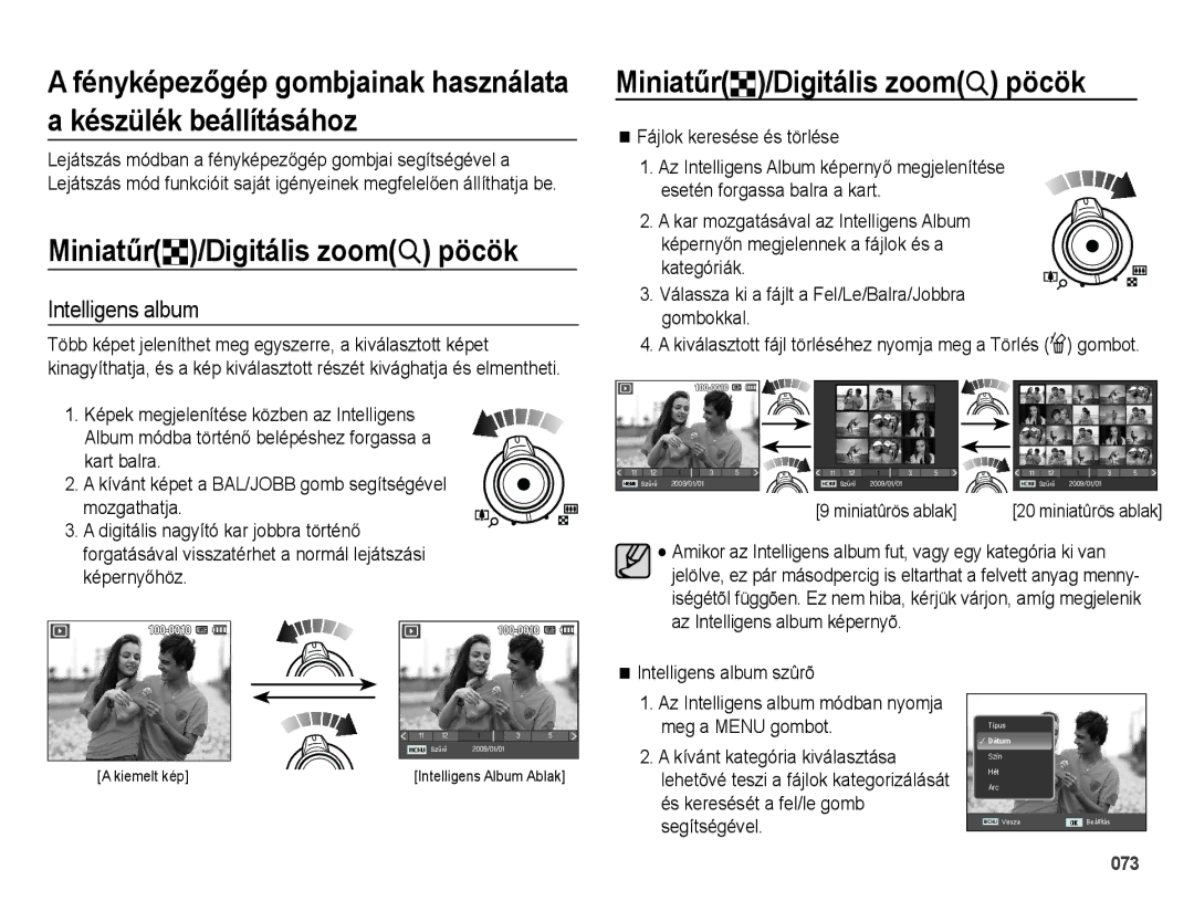 Samsung EC-WB5000BPBE3, EC-WB5000BPBE1 manual Miniatűrº/Digitális zoomí pöcök, Intelligens album, Fájlok keresése és törlése 