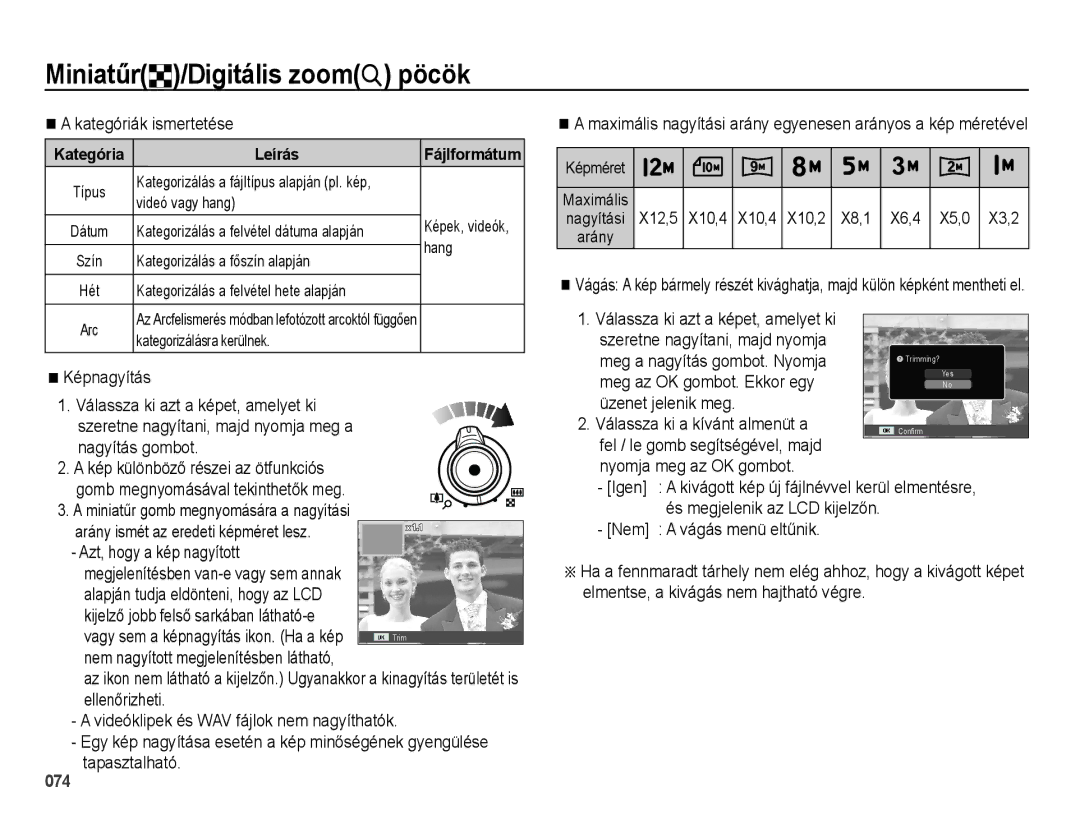 Samsung EC-WB5000BPBE2 manual Miniatűrº/Digitális zoom† pöcök, Kategóriák ismertetése, Válassza ki a kívánt almenüt a 