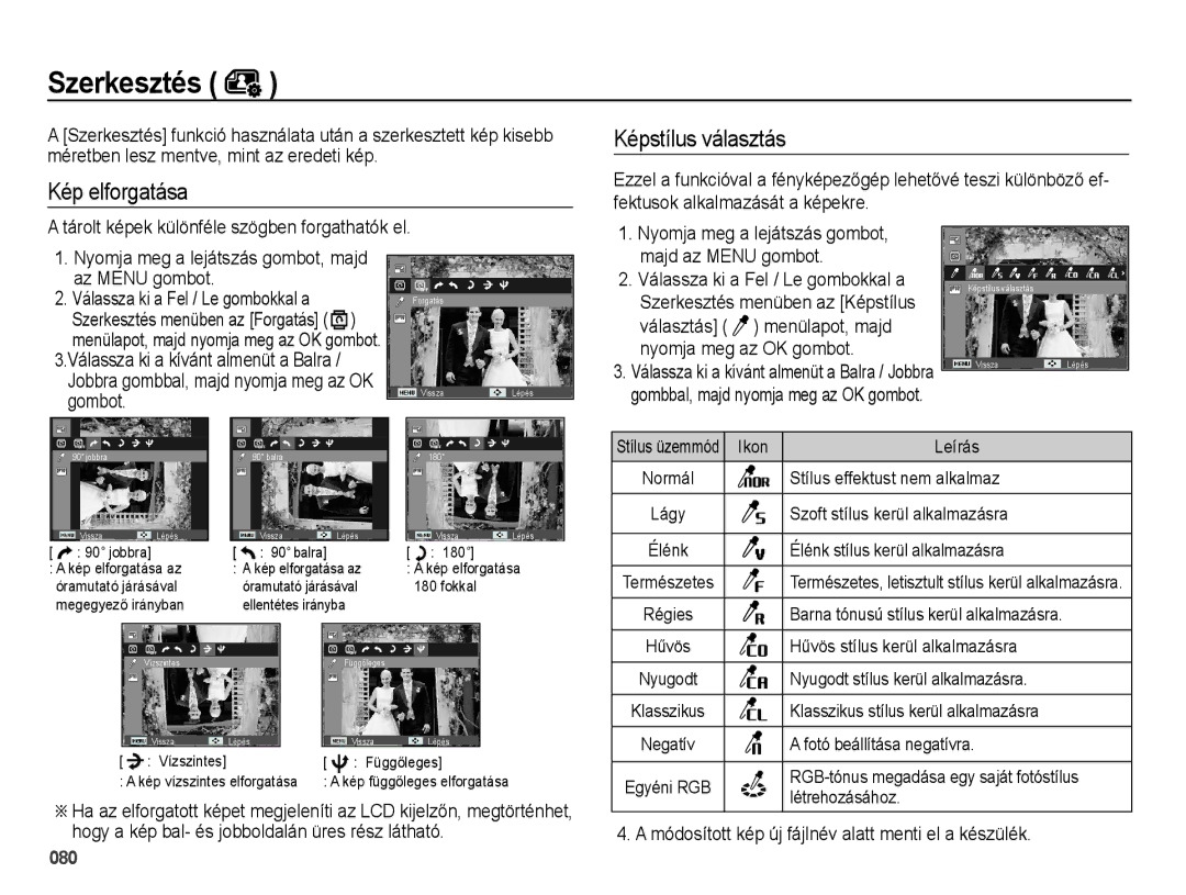 Samsung EC-WB5000BPBIT manual Kép elforgatása Képstílus választás, Az Menu gombot Válassza ki a Fel / Le gombokkal a 