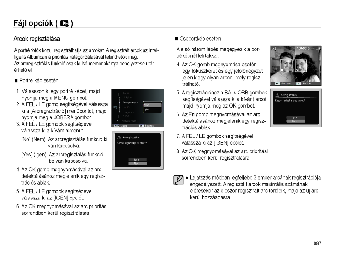 Samsung EC-WB5000BPBE1, EC-WB5000BPBIT, EC-WB5000BPBE3, EC-WB5000BPBE2 manual Arcok regisztálása 