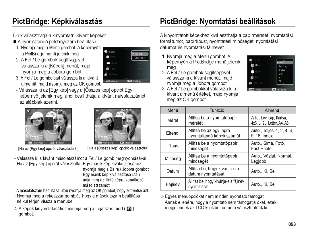 Samsung EC-WB5000BPBE3 PictBridge Képkiválasztás, PictBridge Nyomtatási beállítások, Dátumot és nyomtatási fájlnevet, Meg 