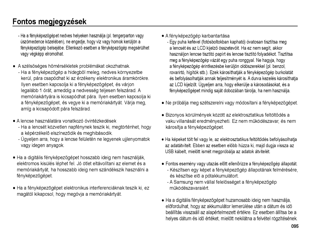 Samsung EC-WB5000BPBE1 SzélsĘséges hĘmérsékletek problémákat okozhatnak, Lencse használatára vonatkozó óvintézkedések 