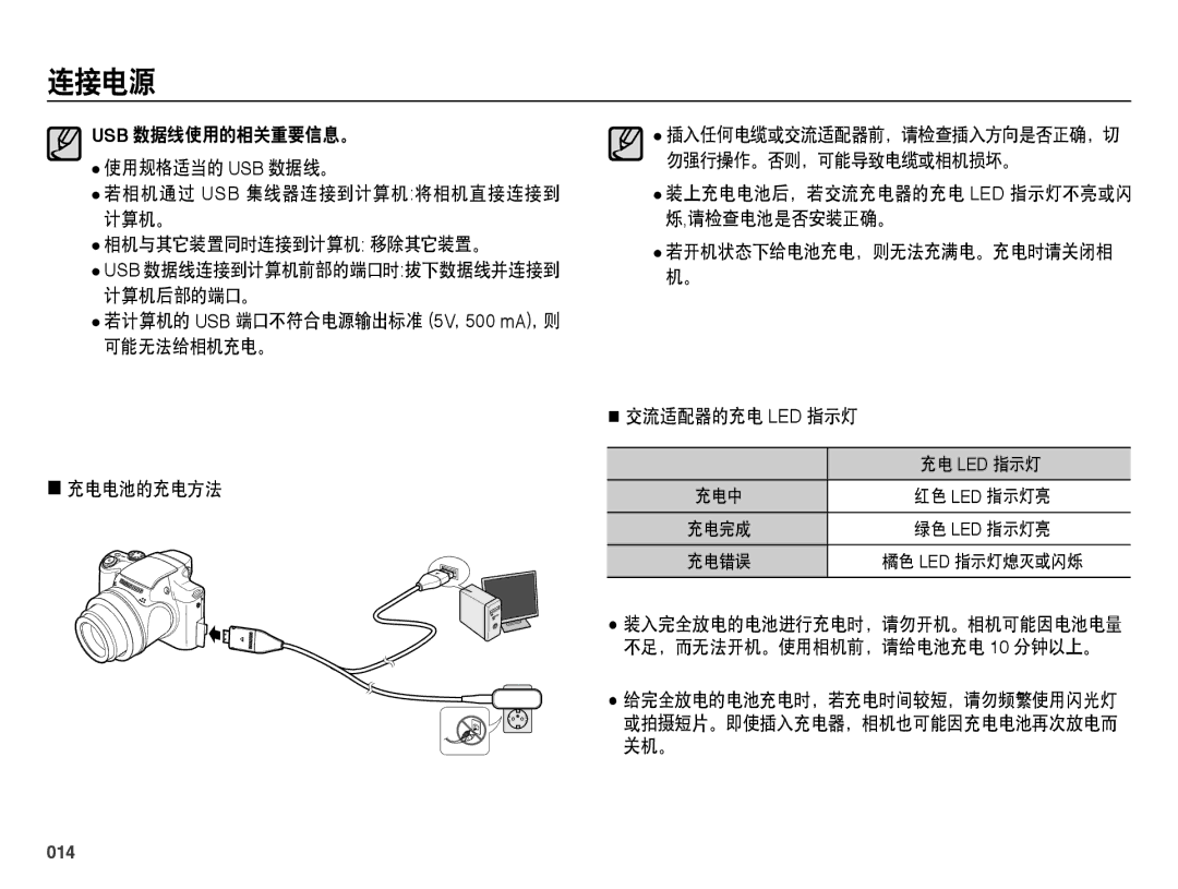 Samsung EC-WB5000BPBE2, EC-WB5000BPBE1 manual 装上充电电池后，若交流充电器的充电 Led 指示灯不亮或闪 烁,请检查电池是否安装正确。, 交流适配器的充电 Led 指示灯, 014 