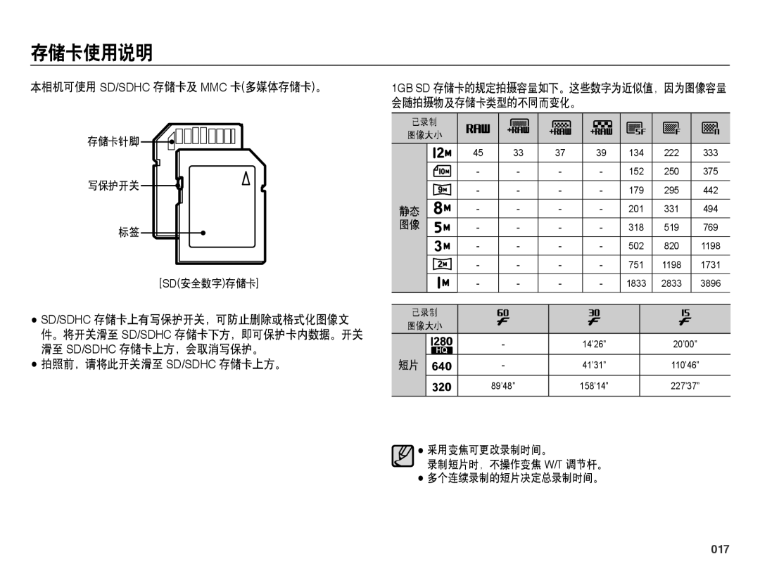 Samsung EC-WB5000BPBE3 manual 本相机可使用 Sd/Sdhc 存储卡及 Mmc 卡多媒体存储卡。, 拍照前，请将此开关滑至 Sd/Sdhc 存储卡上方。, 会随拍摄物及存储卡类型的不同而变化。, 017 