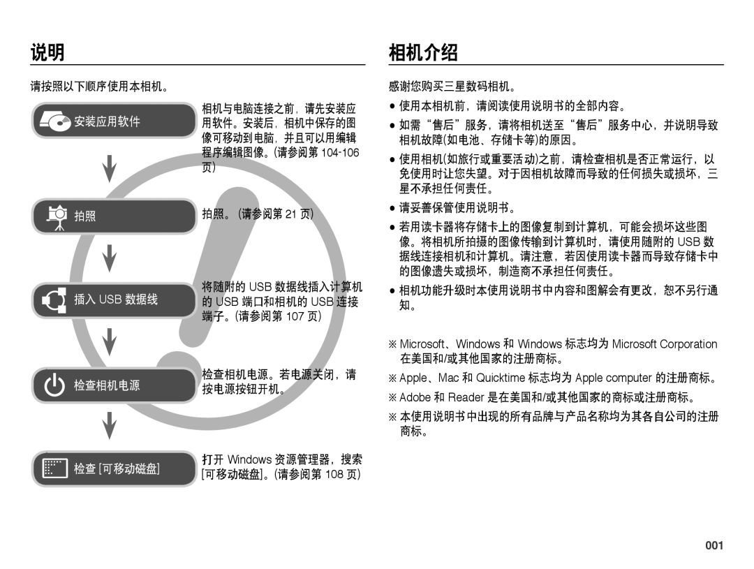 Samsung EC-WB5000BPBE3, EC-WB5000BPBE1, EC-WB5000BPBIT, EC-WB5000BPBE2 manual 相机介绍, 001 