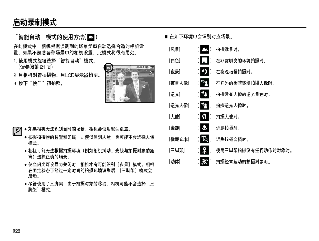 Samsung EC-WB5000BPBE2 manual 智能自动模式的使用方法, 使用模式旋钮选择智能自动模式。 请参阅第 21 页 用相机对着拍摄物，用LCD显示器构图。 按下快门钮拍照。, 在如下环境中会识别对应场景。, 022 