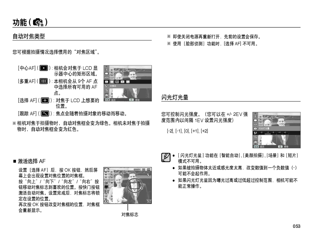 Samsung EC-WB5000BPBE3, EC-WB5000BPBE1, EC-WB5000BPBIT, EC-WB5000BPBE2 manual 自动对焦类型, 闪光灯光量, 053 