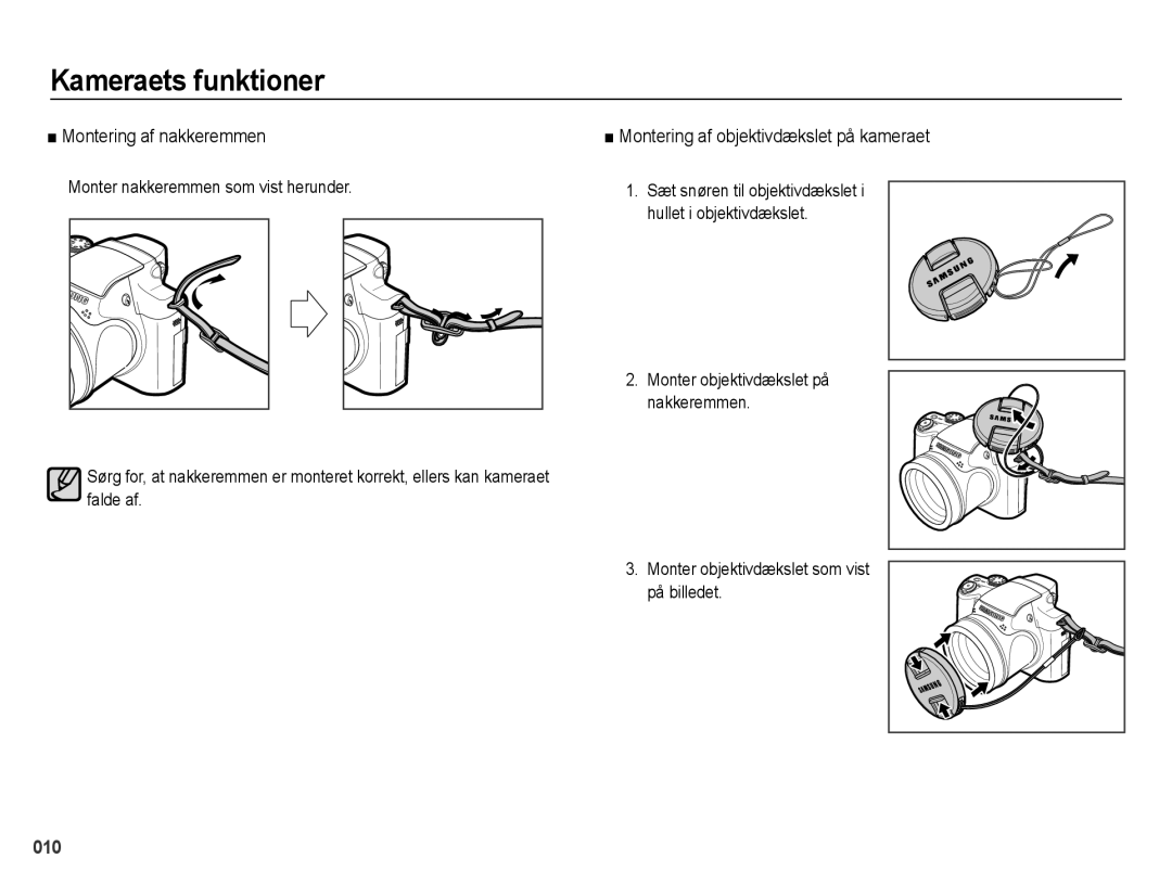 Samsung EC-WB5000BPBE2 manual Montering af nakkeremmen, Montering af objektivdækslet på kameraet 