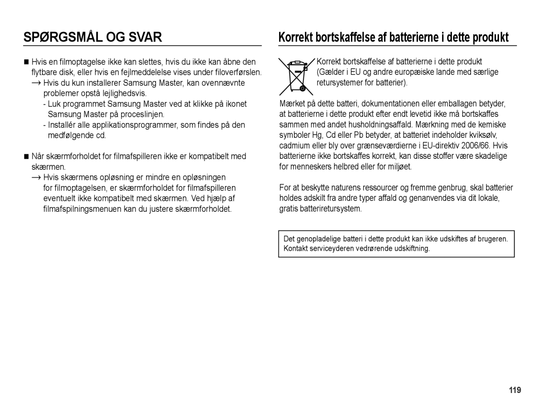 Samsung EC-WB5000BPBE2 manual Korrekt bortskaffelse af batterierne i dette produkt 