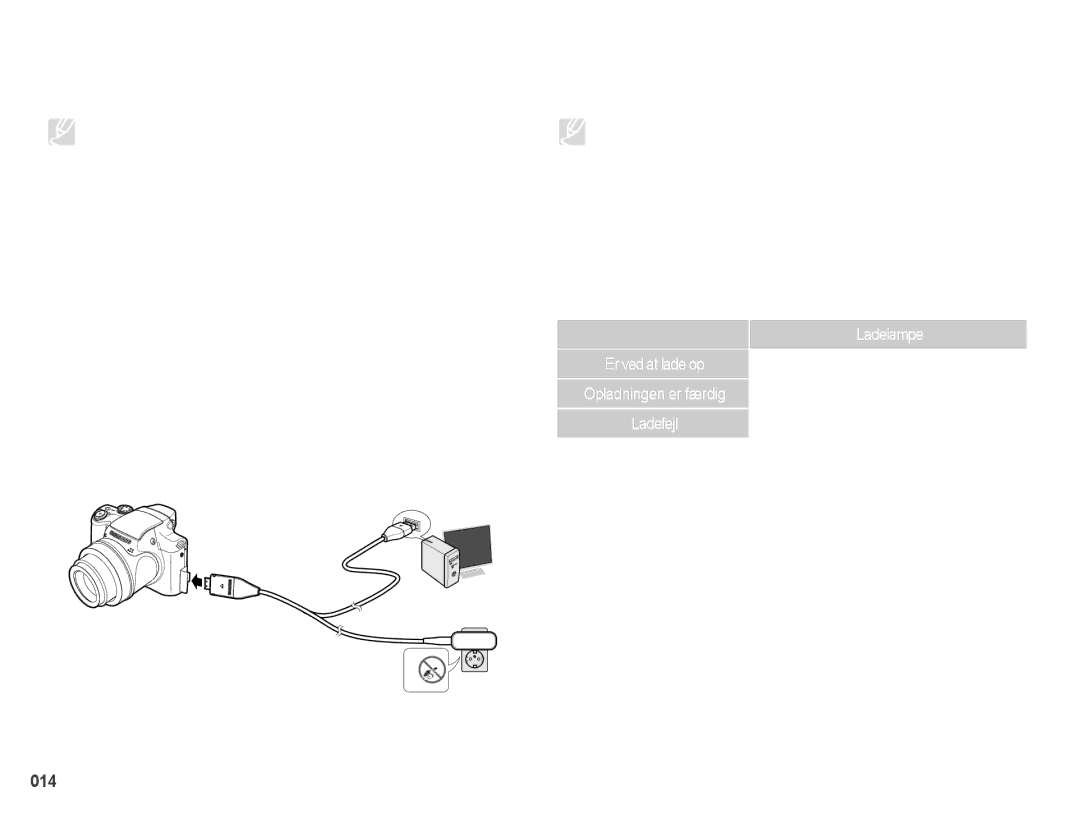 Samsung EC-WB5000BPBE2 manual Brug et USB-kabel med de korrekte speciﬁkationer, Sådan oplades det genopladelige batteri 