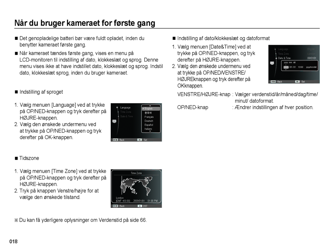 Samsung EC-WB5000BPBE2 manual Når du bruger kameraet for første gang, Minut/ datoformat, OP/NED-knap 