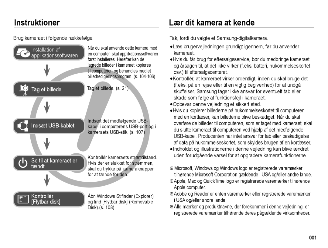 Samsung EC-WB5000BPBE2 Instruktioner, Lær dit kamera at kende, Brug kameraet i følgende rækkefølge, Tag et billede. s 