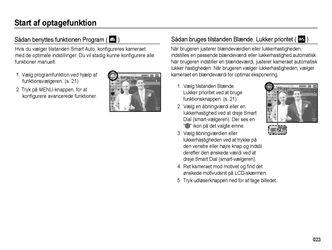 Samsung EC-WB5000BPBE2 manual Sådan benyttes funktionen Program, Vælg programfunktion ved hjælp af funktionsvælgeren. s 