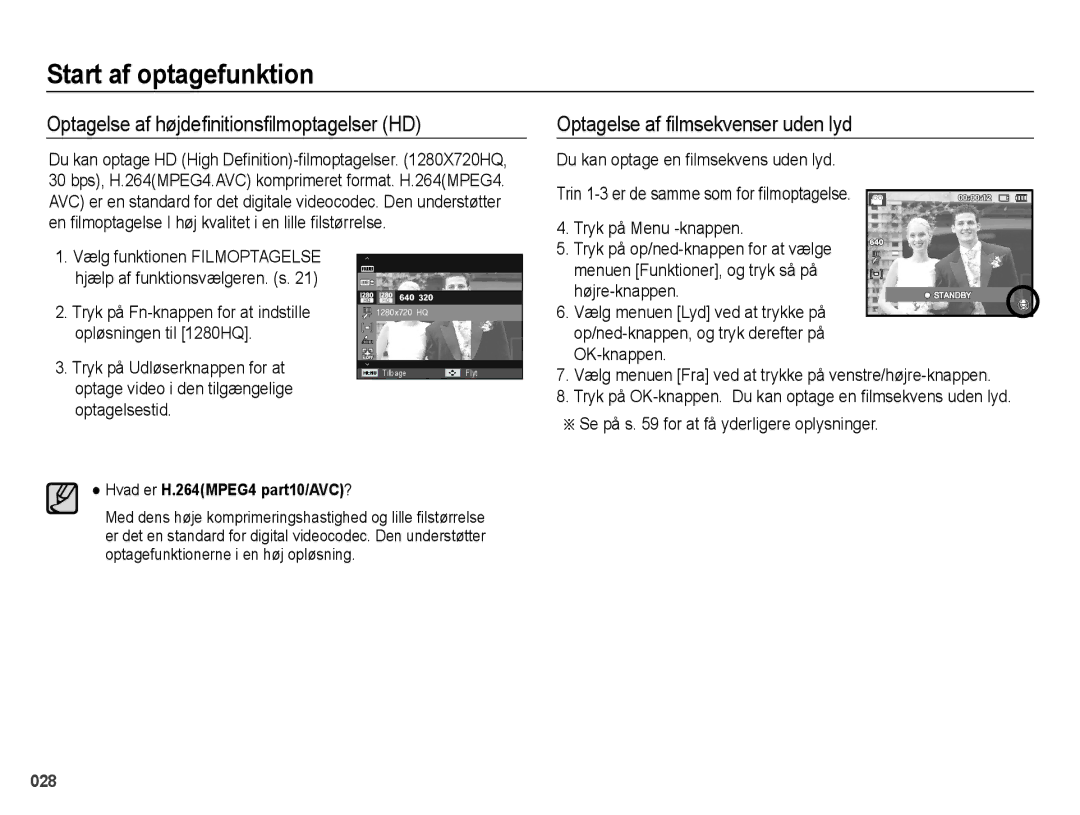 Samsung EC-WB5000BPBE2 manual Optagelse af højdeﬁnitionsﬁlmoptagelser HD, Optagelse af ﬁlmsekvenser uden lyd 