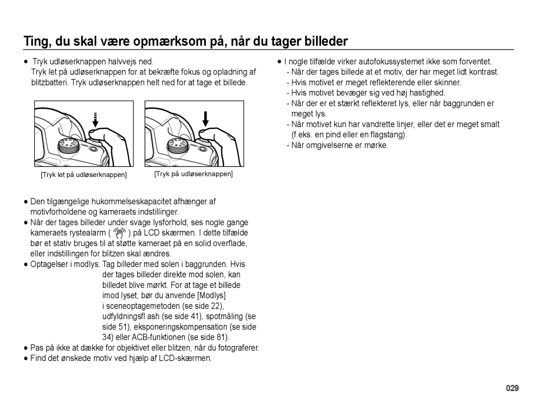 Samsung EC-WB5000BPBE2 manual Ting, du skal være opmærksom på, når du tager billeder, Tryk udløserknappen halvvejs ned 