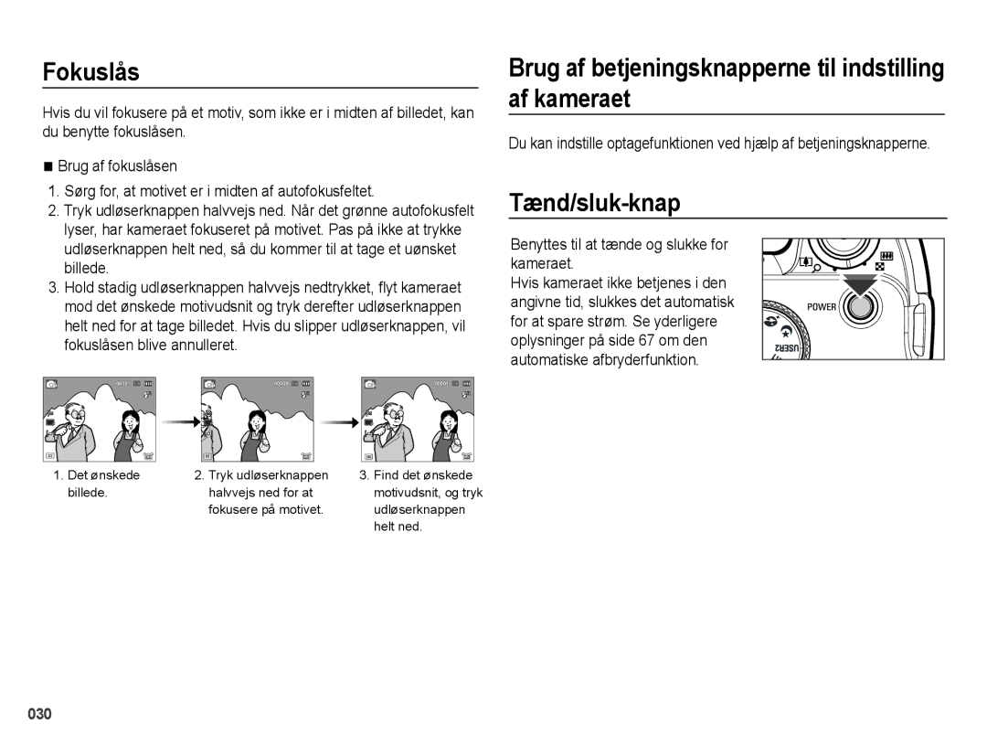 Samsung EC-WB5000BPBE2 manual Fokuslås, Brug af betjeningsknapperne til indstilling af kameraet, Tænd/sluk-knap 