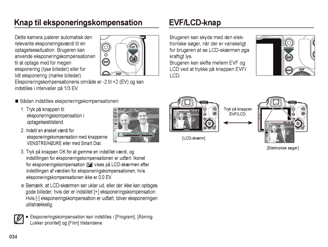 Samsung EC-WB5000BPBE2 manual Knap til eksponeringskompensation, EVF/LCD-knap, Indstil en ønsket værdi for 