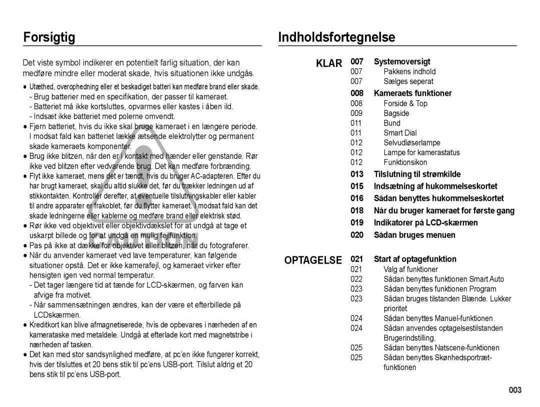 Samsung EC-WB5000BPBE2 manual Forsigtig Indholdsfortegnelse, Pakkens indhold 007 Sælges seperat 