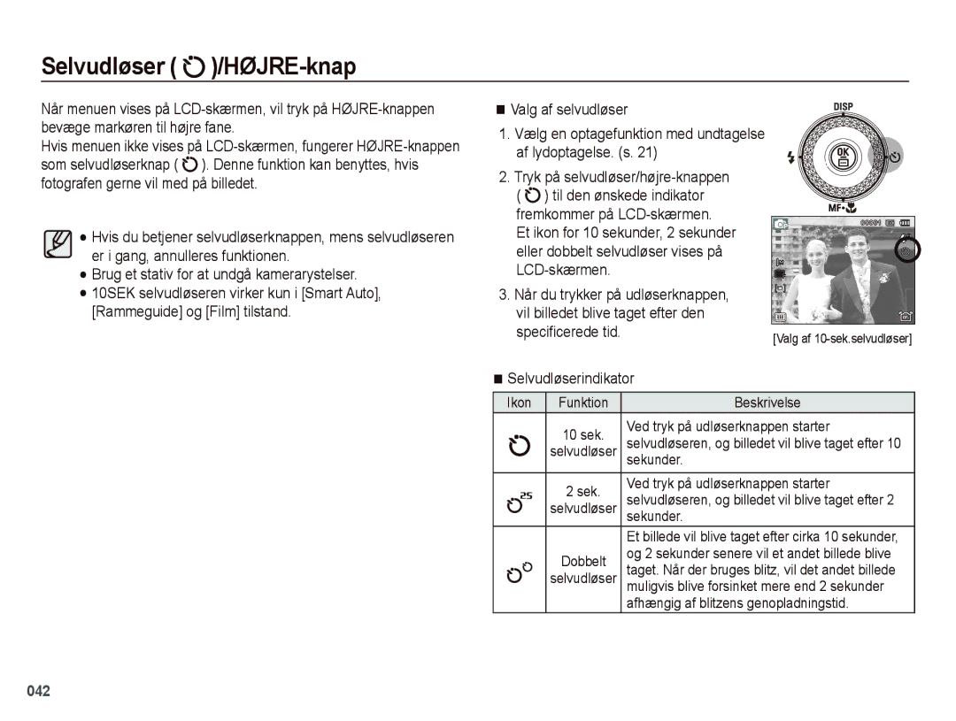 Samsung EC-WB5000BPBE2 manual Selvudløser /HØJRE-knap, Selvudløserindikator, Ikon Funktion Beskrivelse 