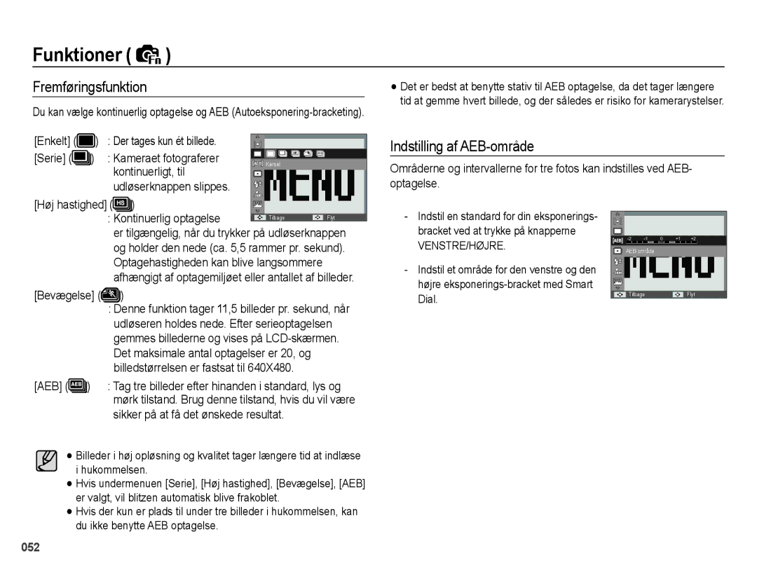 Samsung EC-WB5000BPBE2 manual Fremføringsfunktion, Indstilling af AEB-område 